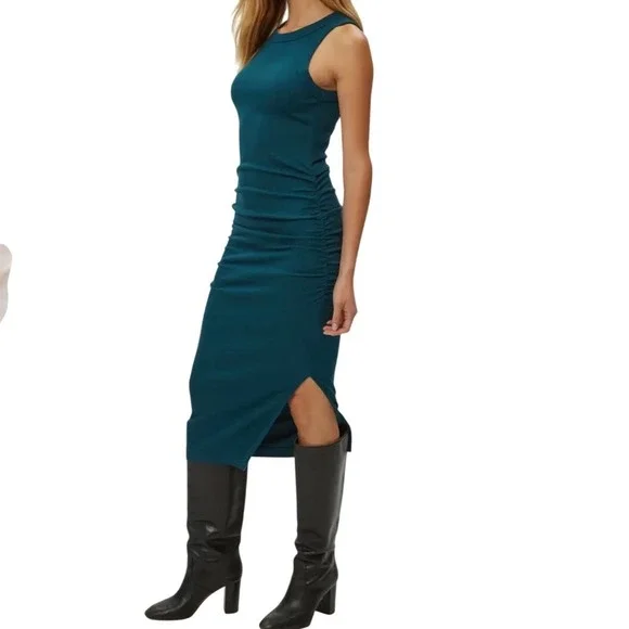 Michael Stars Green Ribbed Ruched V Neck Sleeveless Maxi Dress Size Small - Picture 7 of 8